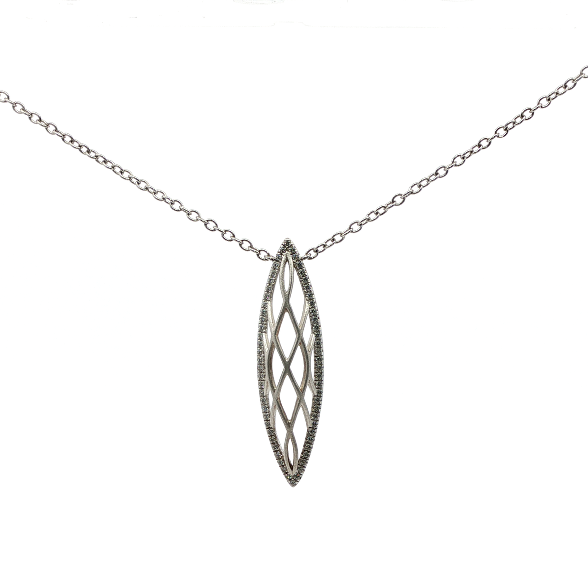 White Gold-Plated Silver Charm Necklace with Oval-Shaped Brilliant Cut Diamond Pendant
