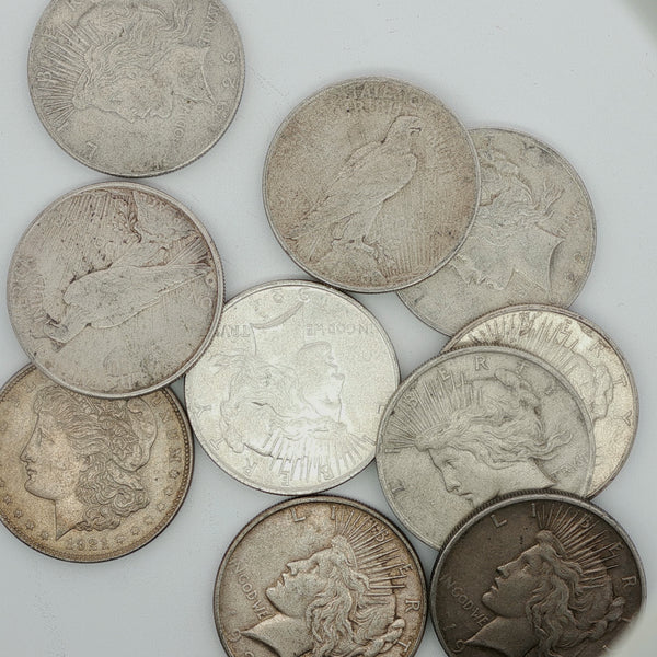Assorted Vintage Silver Coins: Peace and Morgan Silver Dollars