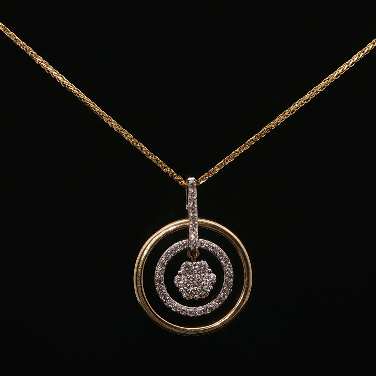 Diamond Floral Double Circle Pendant Necklace in Yellow Gold