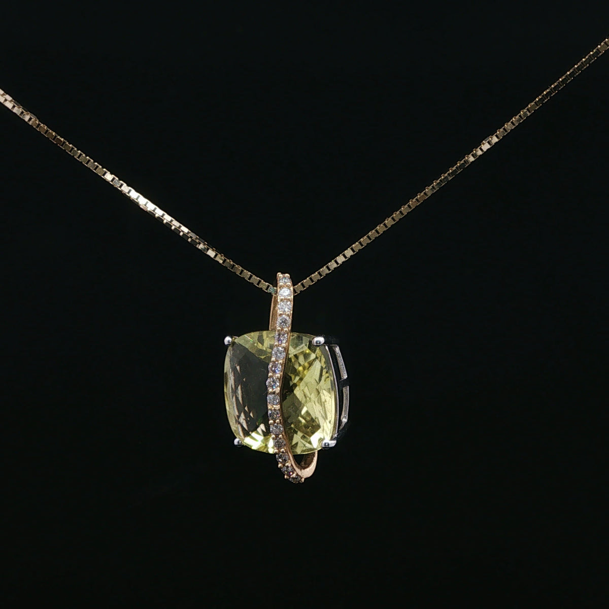 Yellow Gold Quartz Pendant Necklace with Curved Accent Band