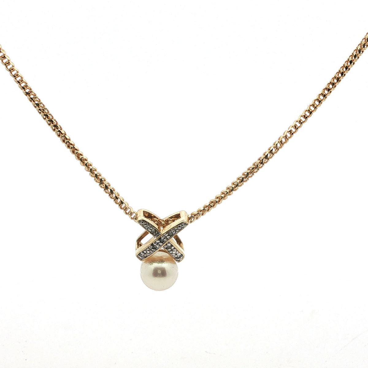 Yellow Gold Pearl and Diamond Accent X-Design Necklace