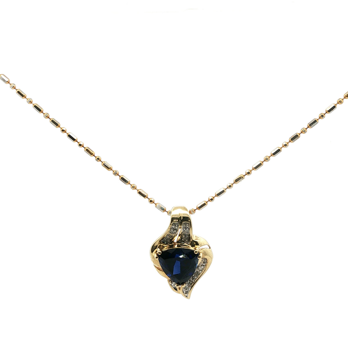 Trillion-Cut Royal Blue Sapphire Swirl Pendant Necklace in Yellow Gold