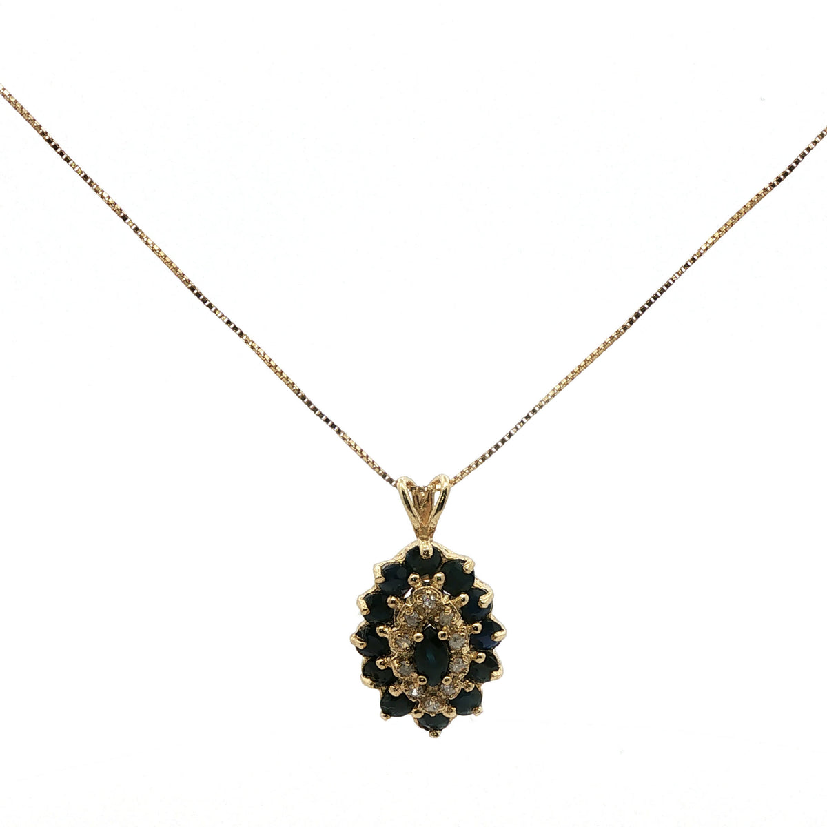 Sapphire and Diamond Cluster Pendant Necklace in Yellow Gold