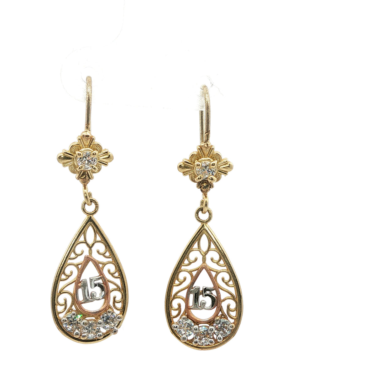 Yellow Gold Diamond Quinceañera Filigree Drop Earrings
