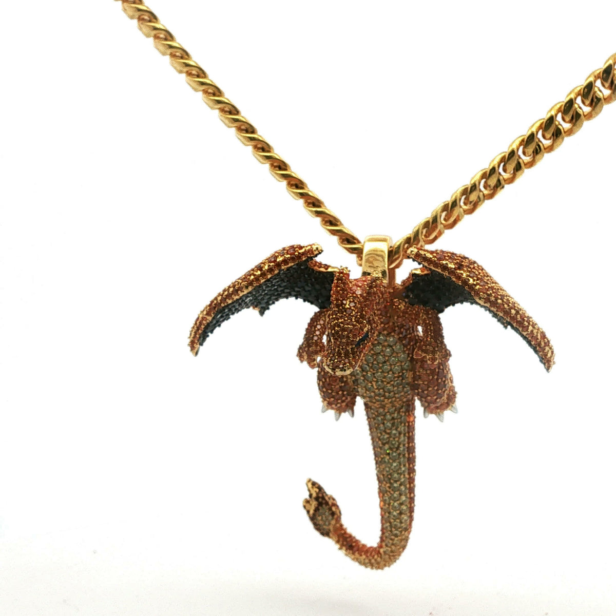 Vivid Orange Sapphire Dragon Pendant Necklace in Yellow Gold