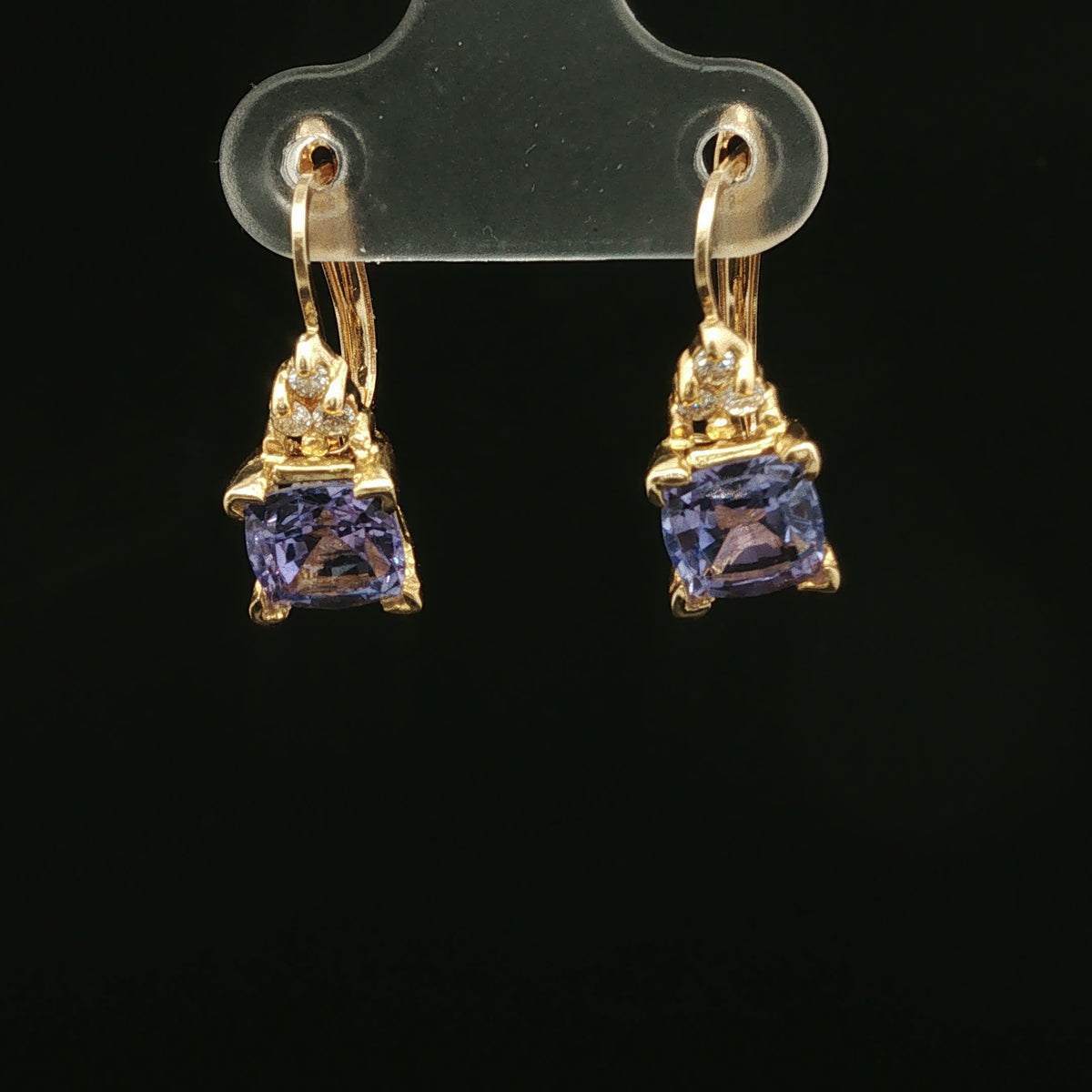 Square Cut Tanzanite Drop Earrings in Yellow Gold
