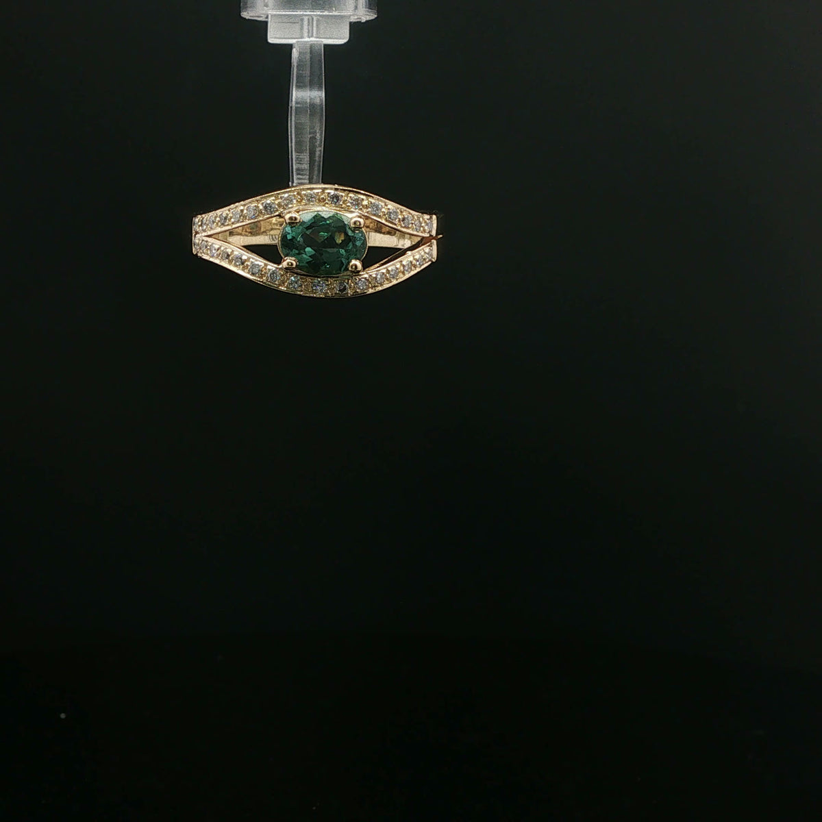 Yellow Gold Oval Emerald Ring with Diamond Accent Split Shank