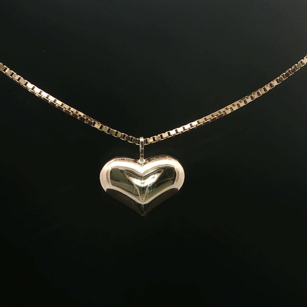 Yellow Gold Puffy Heart Charm Necklace on Box Chain