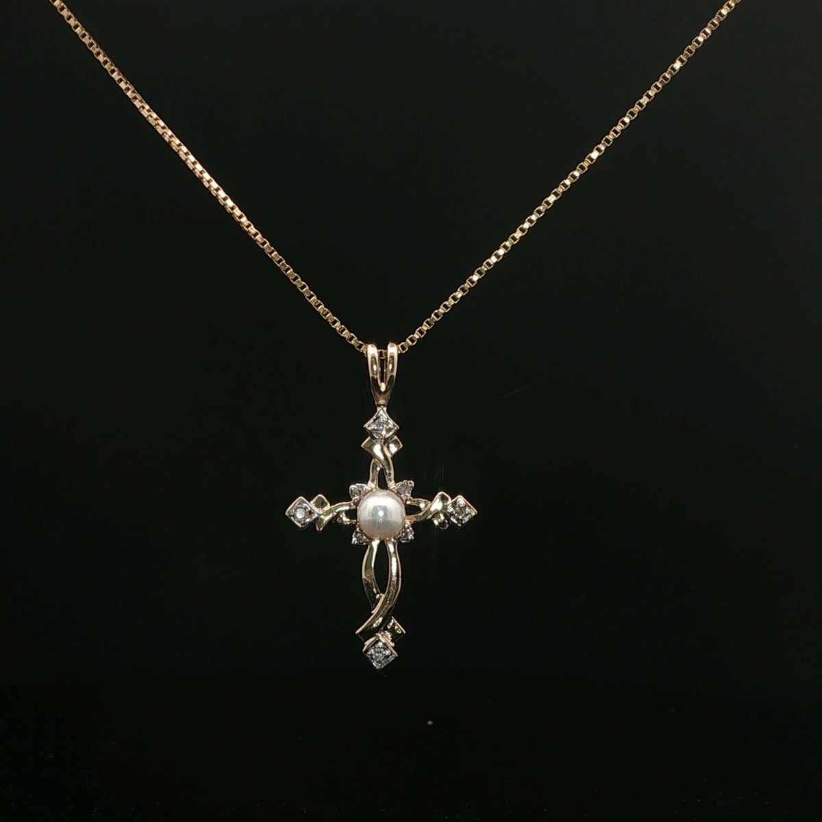 Yellow Gold Woven Cross Necklace with Center Pearl