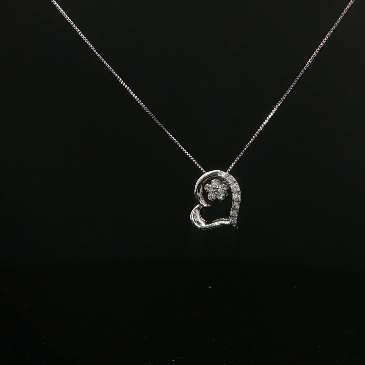 Diamond Heart and Flower Charm Necklace in White Gold