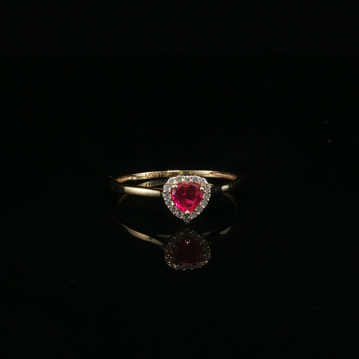 Heart-Shaped Red Ruby Halo Ring in Yellow Gold