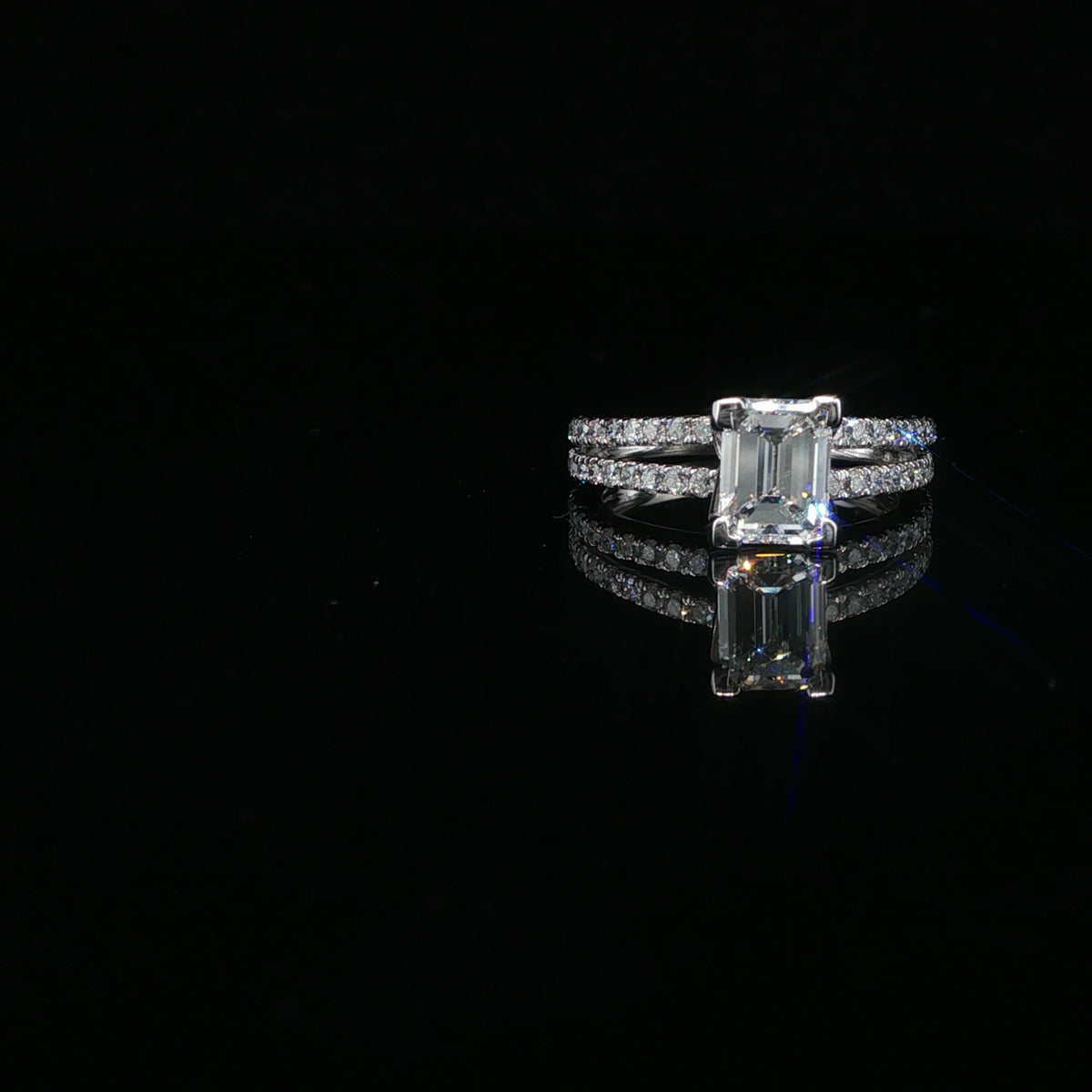 Emerald Cut Diamond Split Shank Engagement Ring — White Gold