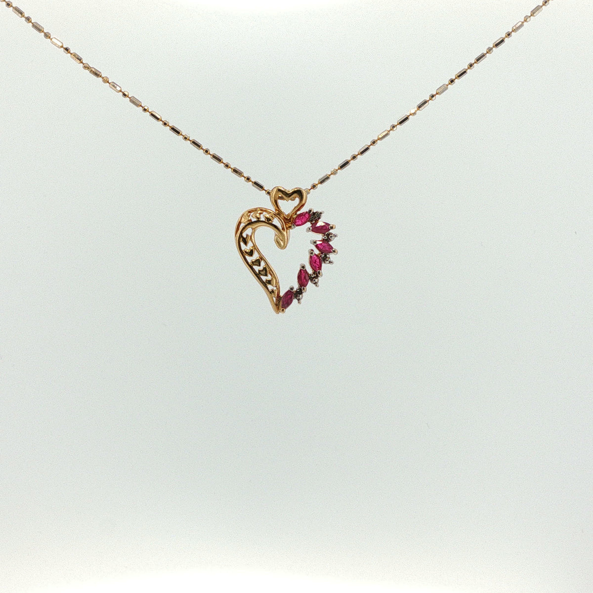 Yellow Gold Open Heart Necklace with Marquise Red Rubies