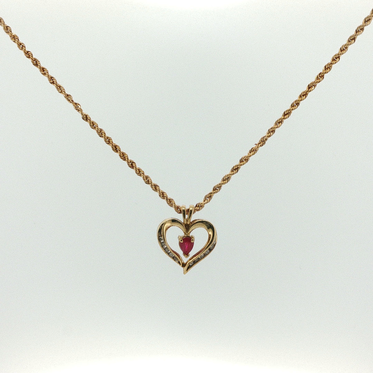 Yellow Gold Open Heart Pendant Necklace with Red Ruby