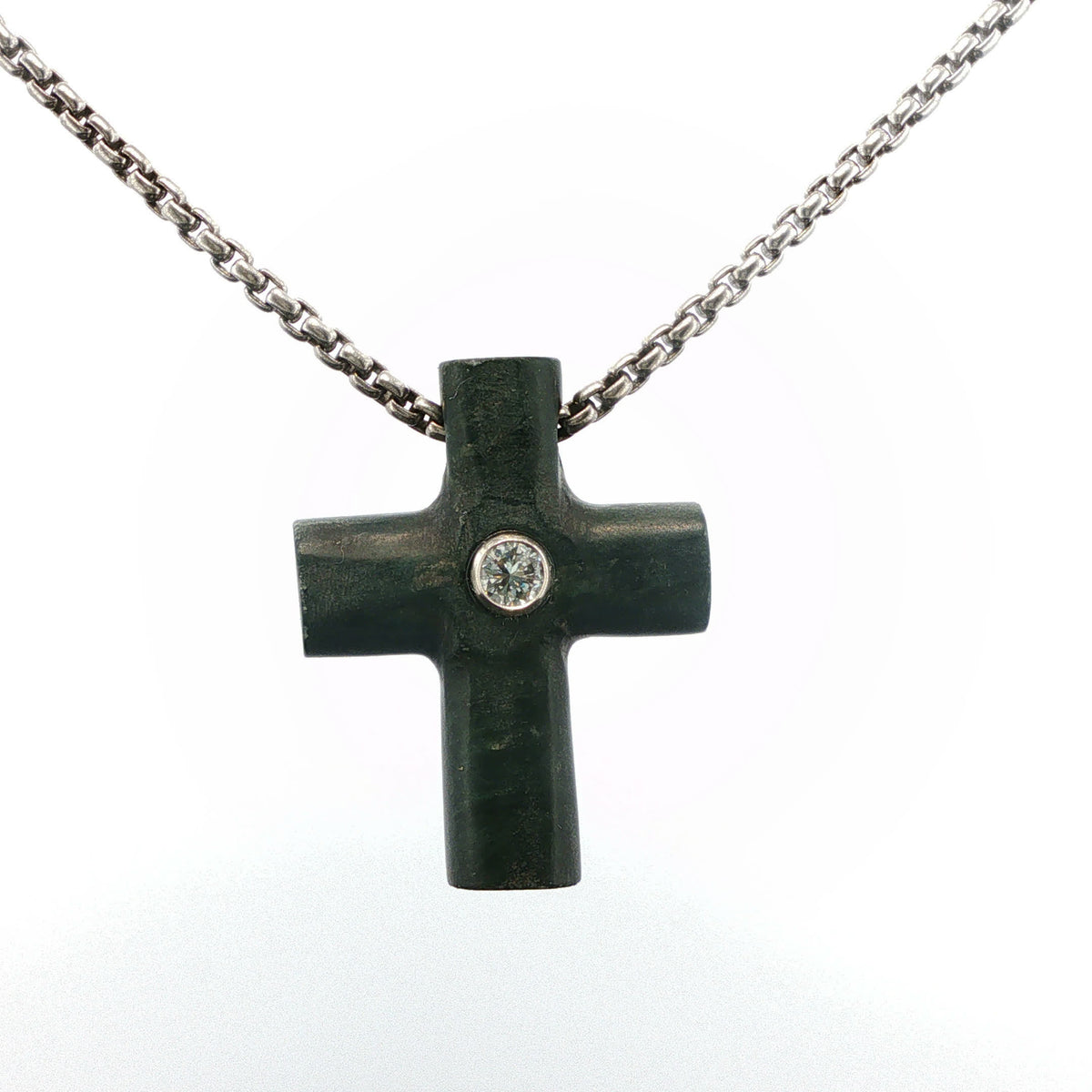 Oxidized Silver Cross Pendant Necklace with Center Diamond