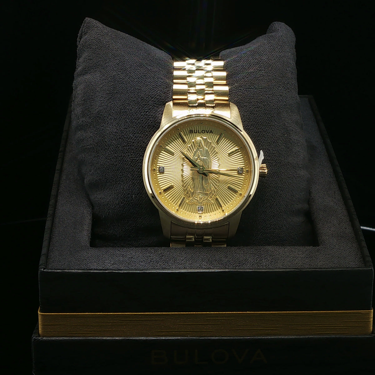 Yellow Gold Bulova Watch with Virgin Mary Sunburst Dial