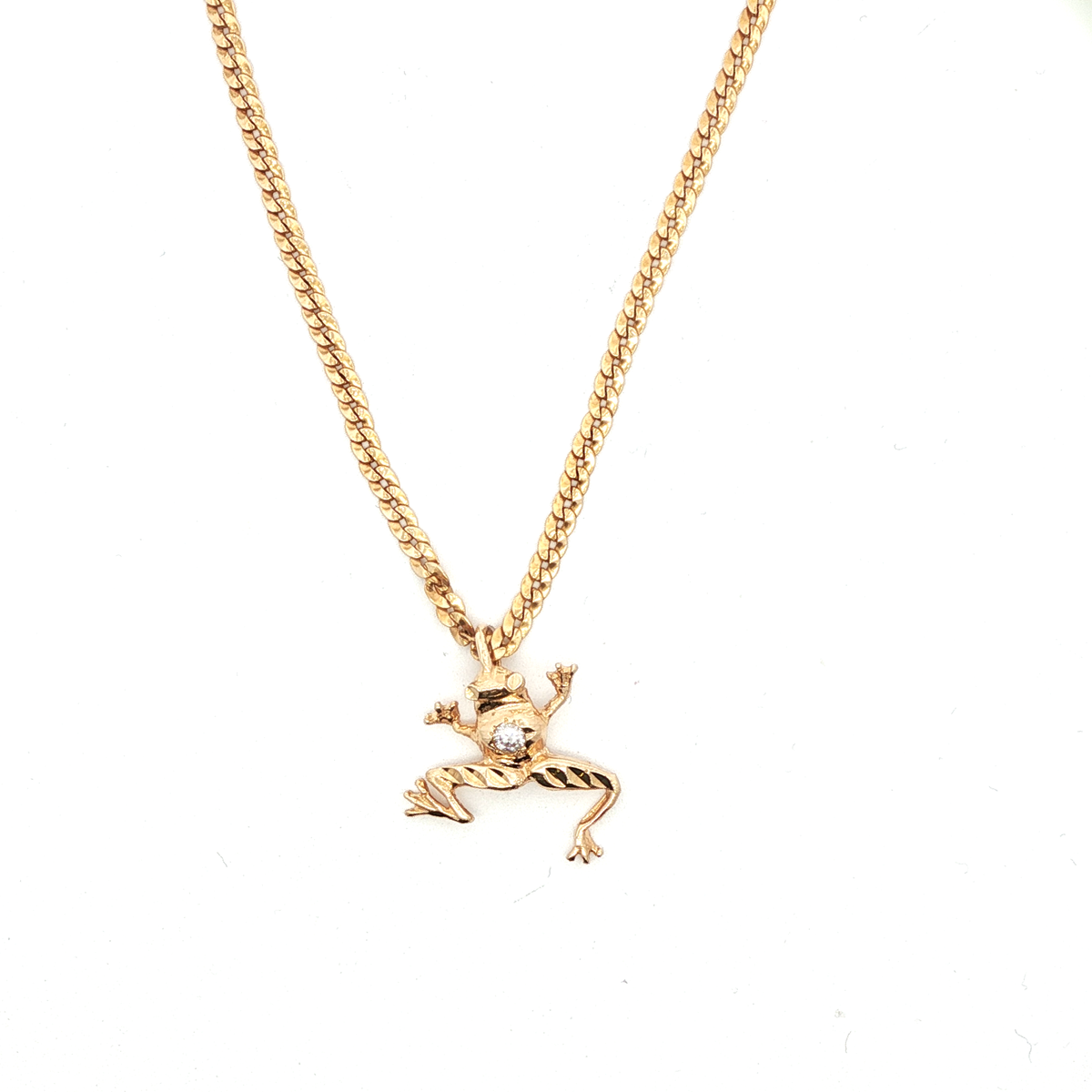 Yellow Gold Frog Charm Necklace with Diamond Accent