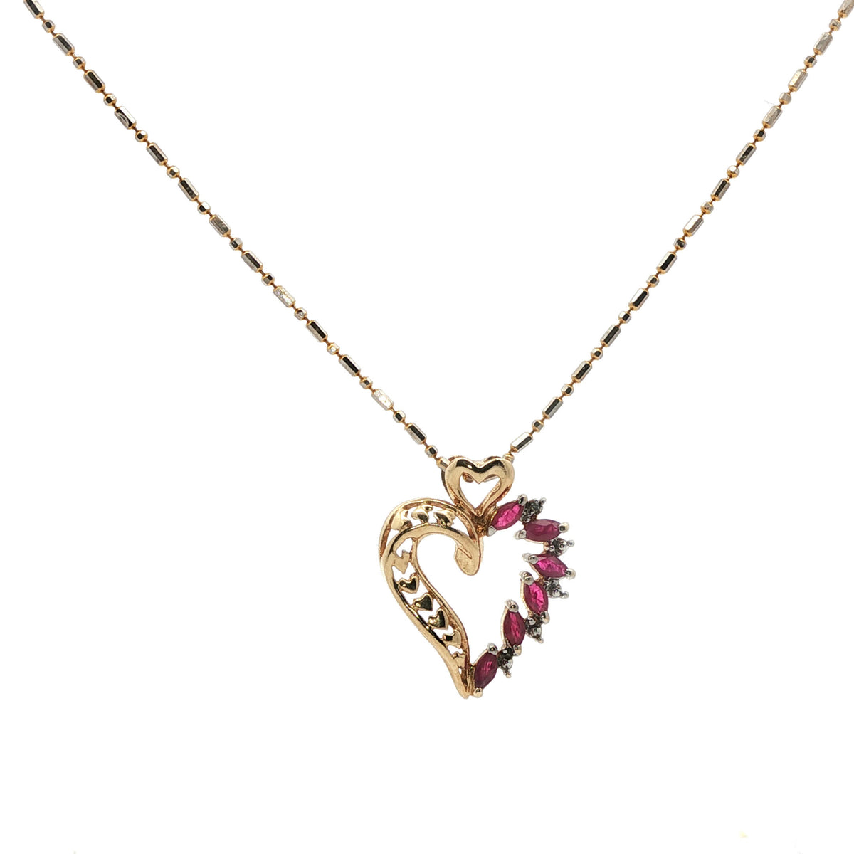 Yellow Gold Charm Necklace with Marquise Ruby Heart Pendant