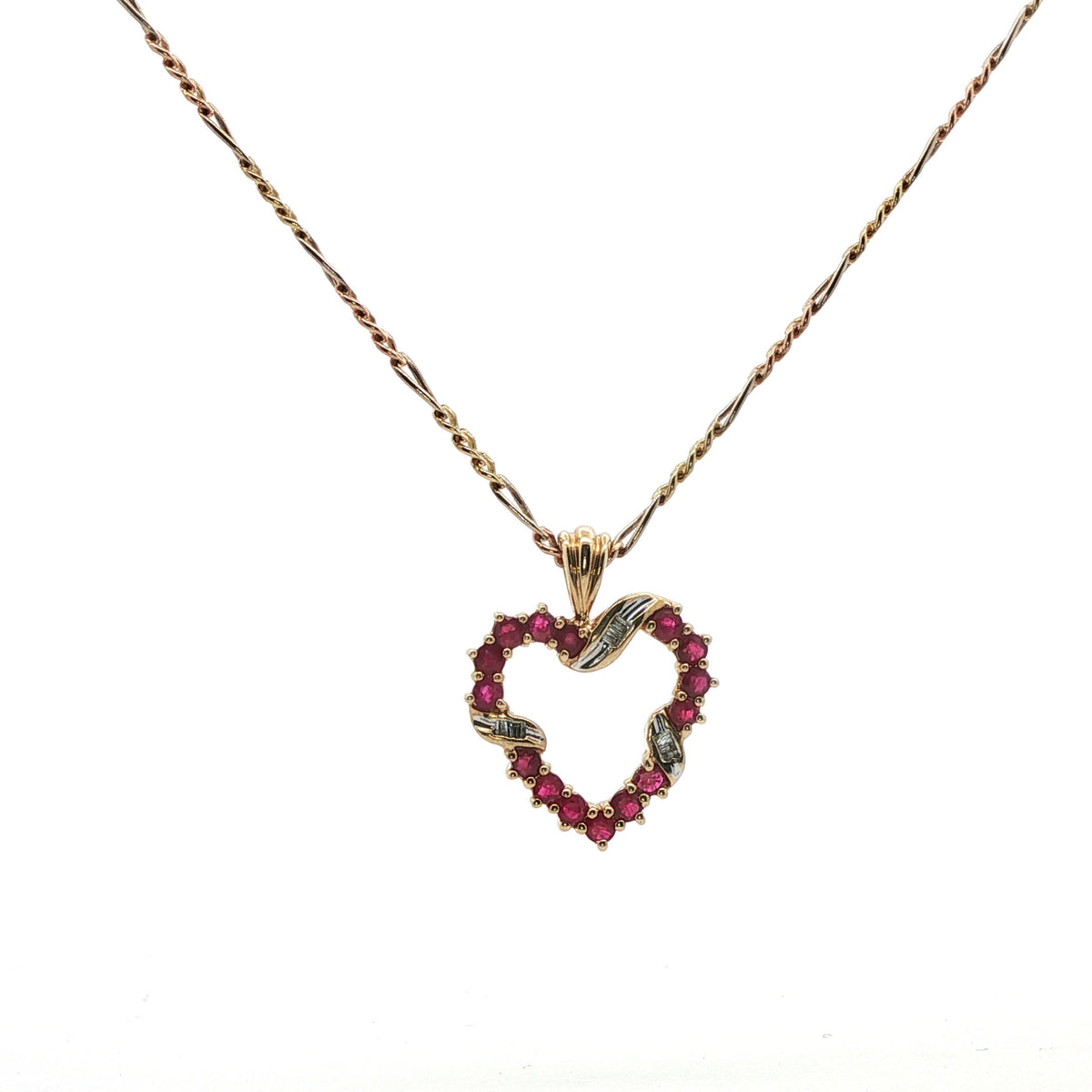 Yellow Gold Heart Charm Necklace with Round Ruby Cabochons