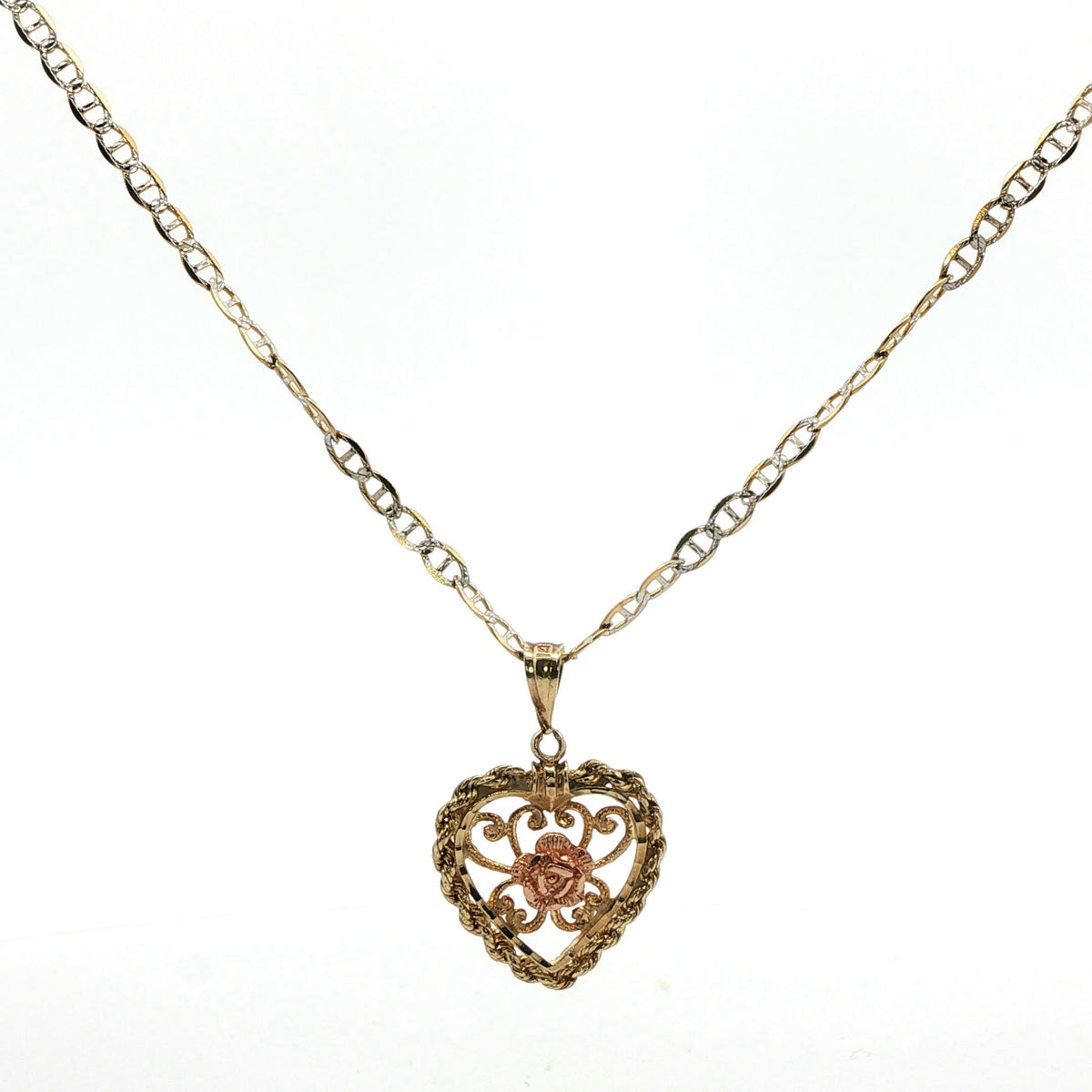 Yellow Gold Floral Heart Charm Necklace
