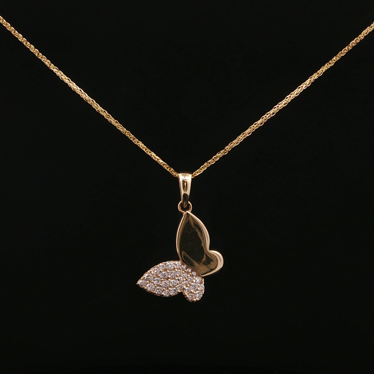Diamond Pavé Butterfly Charm Necklace in Yellow Gold