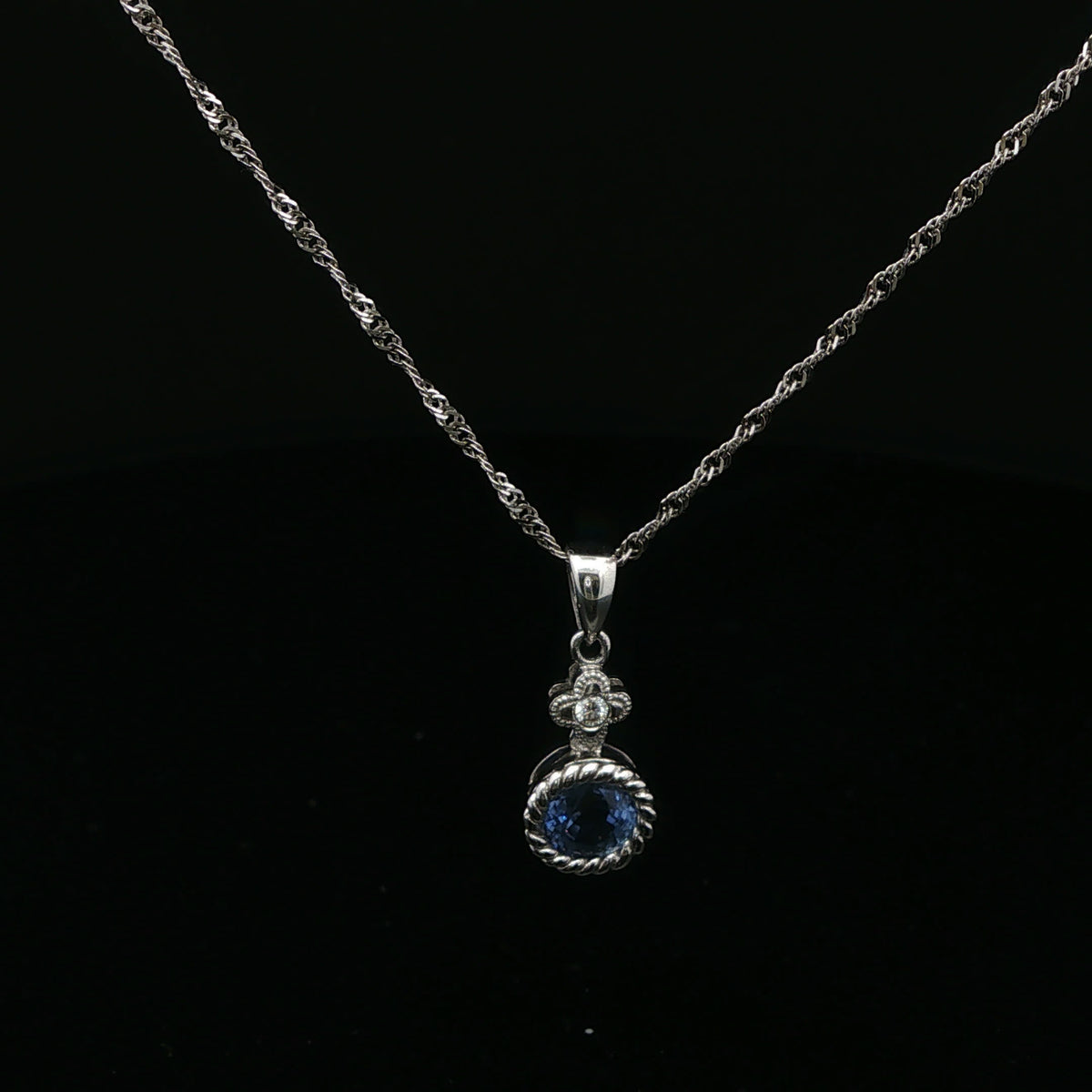 White Gold Blue Topaz Rope Bezel Pendant Necklace