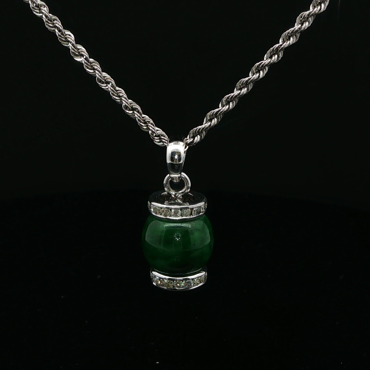 Green Jade Barrel Pendant on White Gold Rope Chain