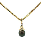 Black Pearl and Diamond Accent Pendant on Yellow Gold Chain
