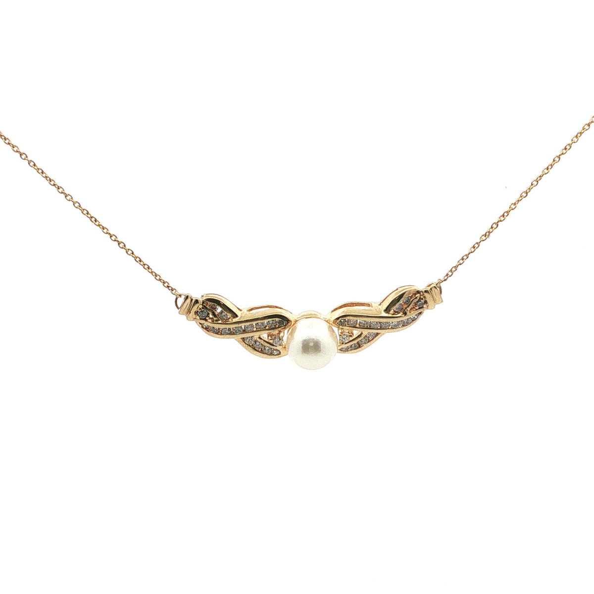 Yellow Gold Pearl and Diamond Accent Ribbon Necklace