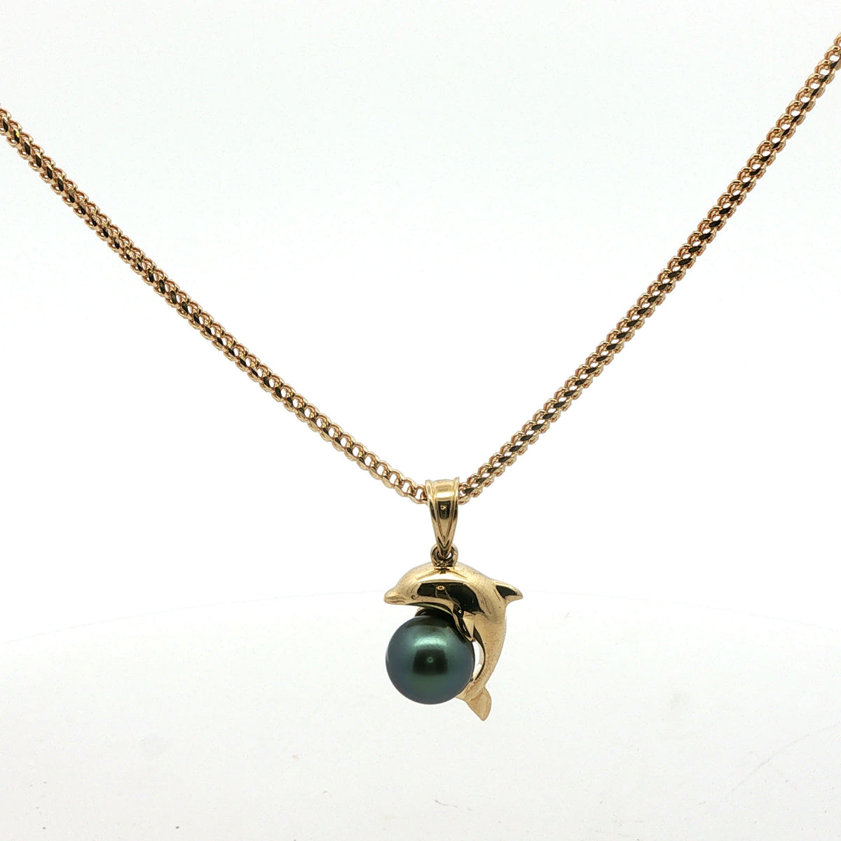 Yellow Gold Dolphin Pendant Necklace with Dark Pearl