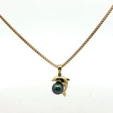 Yellow Gold Dolphin Pendant Necklace with Dark Pearl
