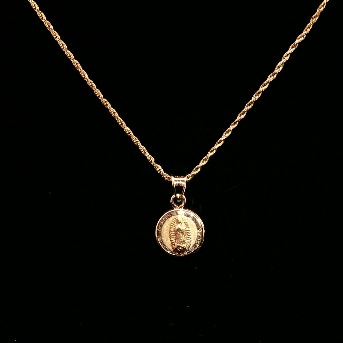 Yellow Gold Diamond Halo Guadalupe Pendant on Rope Chain