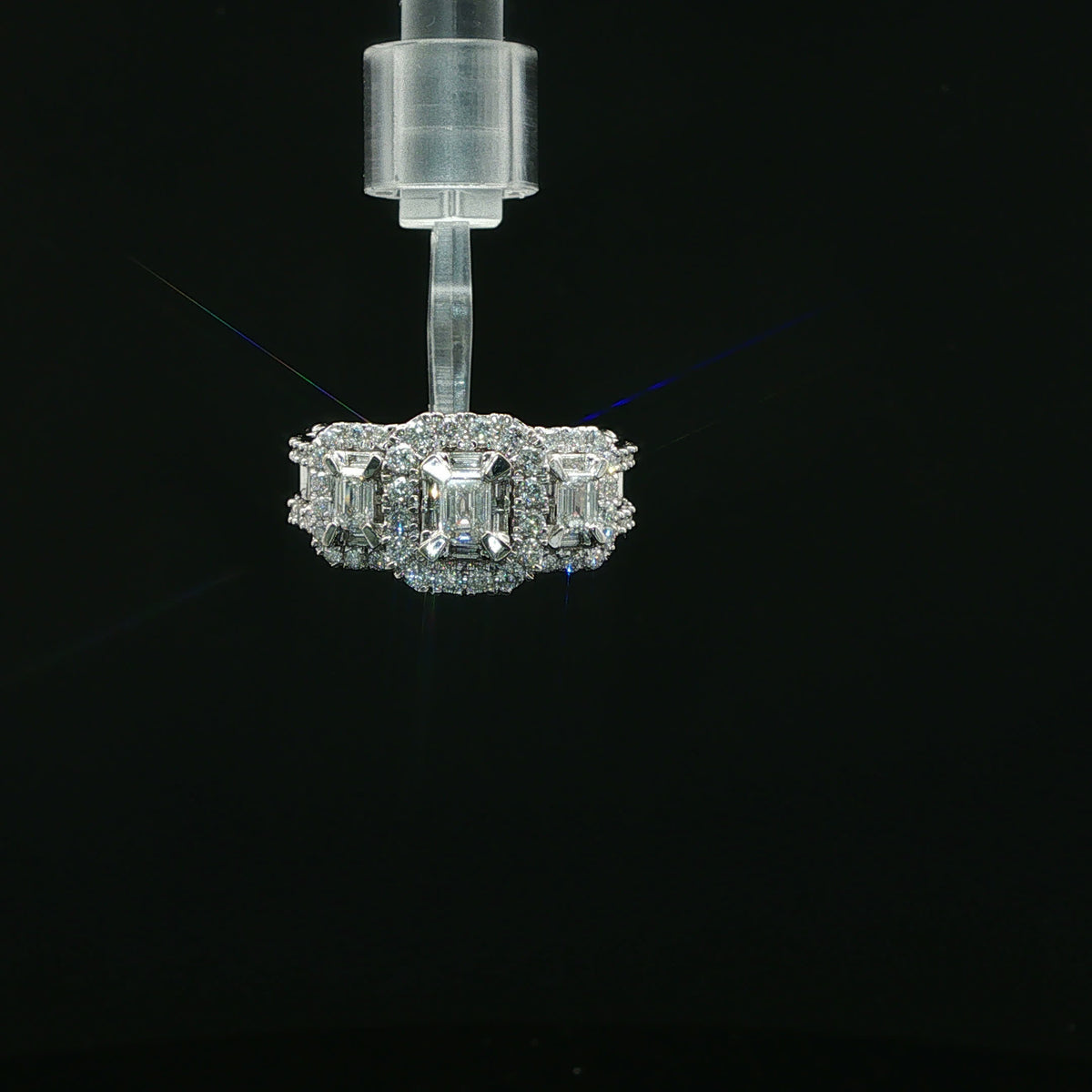 White Gold Three-Stone Diamond Halo Ring