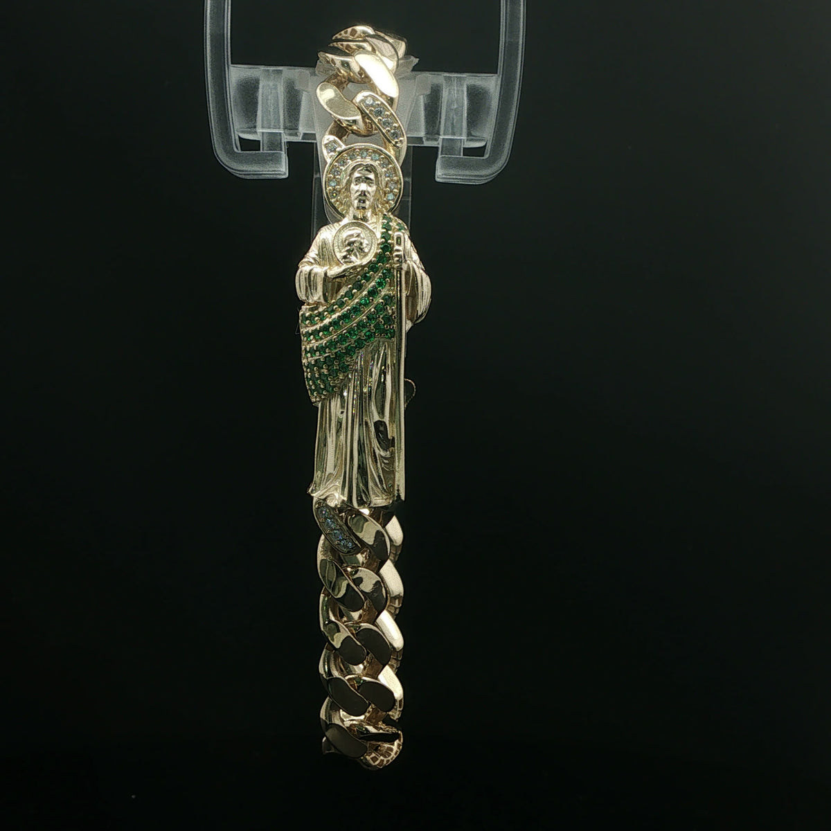 Yellow Gold Emerald Saint Figure Chain Bracelet