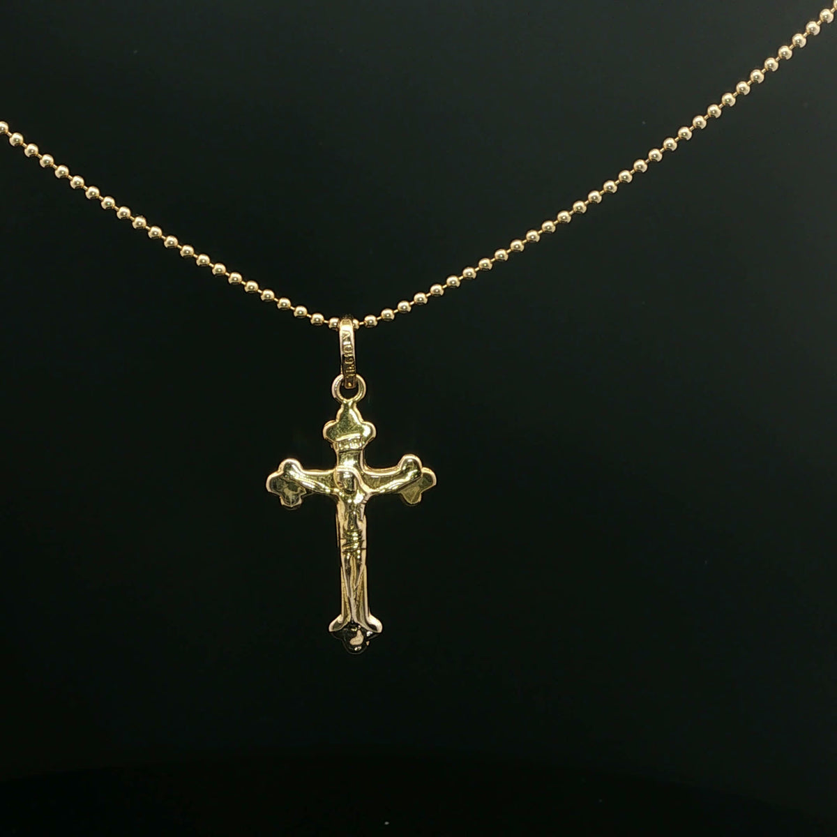 Yellow Gold Crucifix Pendant on Bead Chain