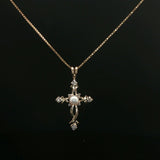 Yellow Gold Woven Cross Necklace with Center Pearl