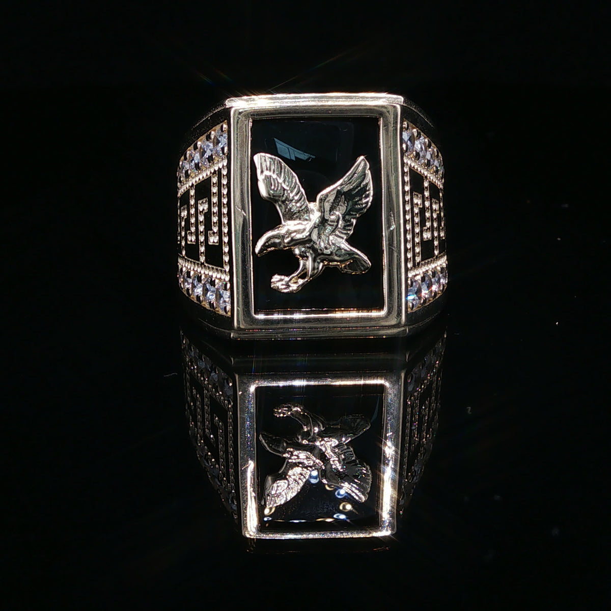 White Gold Onyx Eagle Signet Ring
