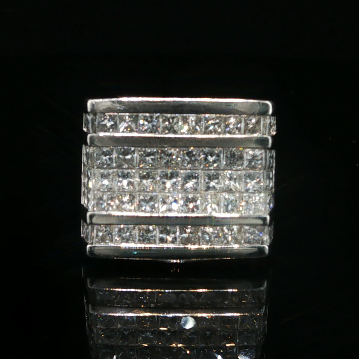 Multi-Row Princess Cut Diamond Signet Ring in White Gold
