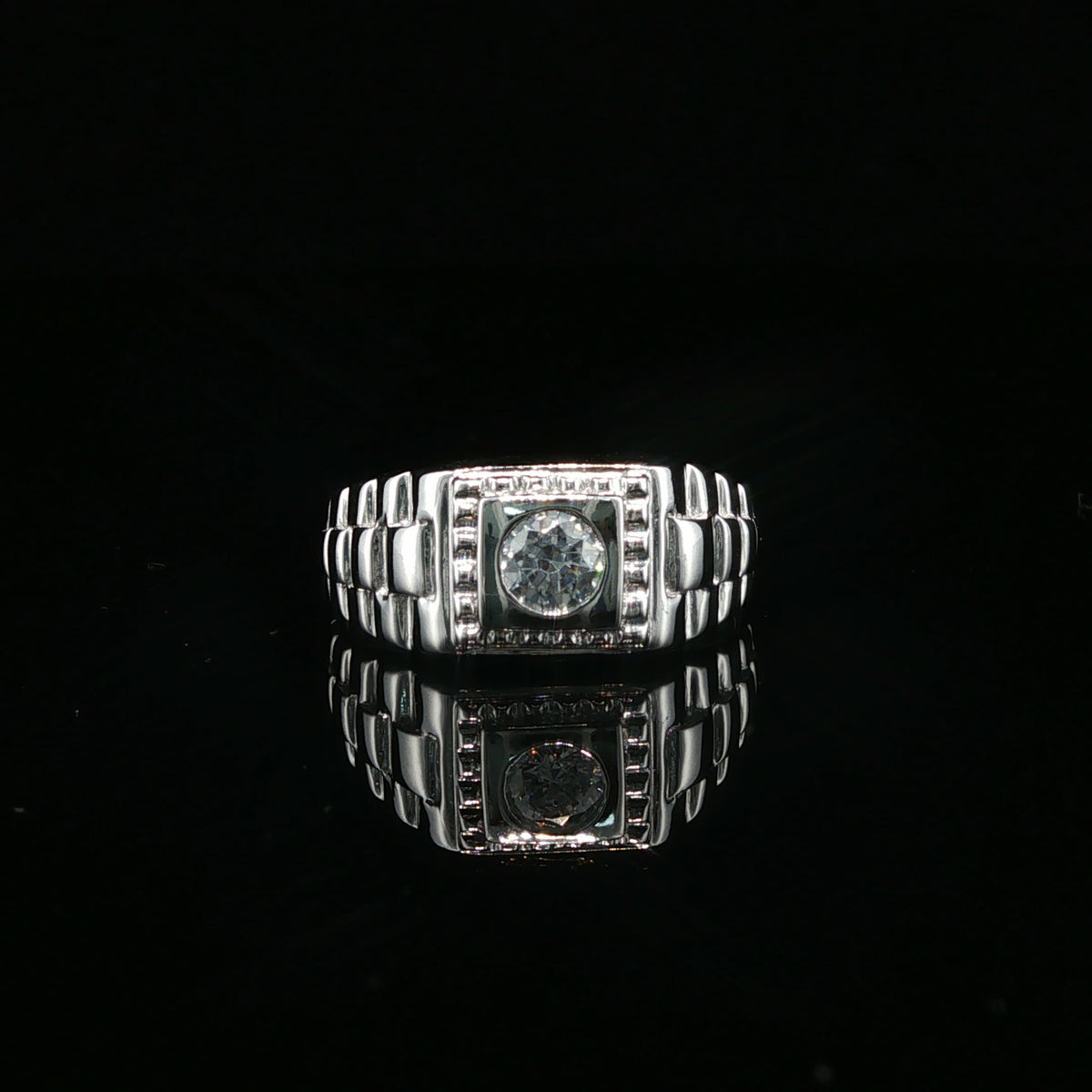 White Gold Diamond Signet Ring With Watch Link Design