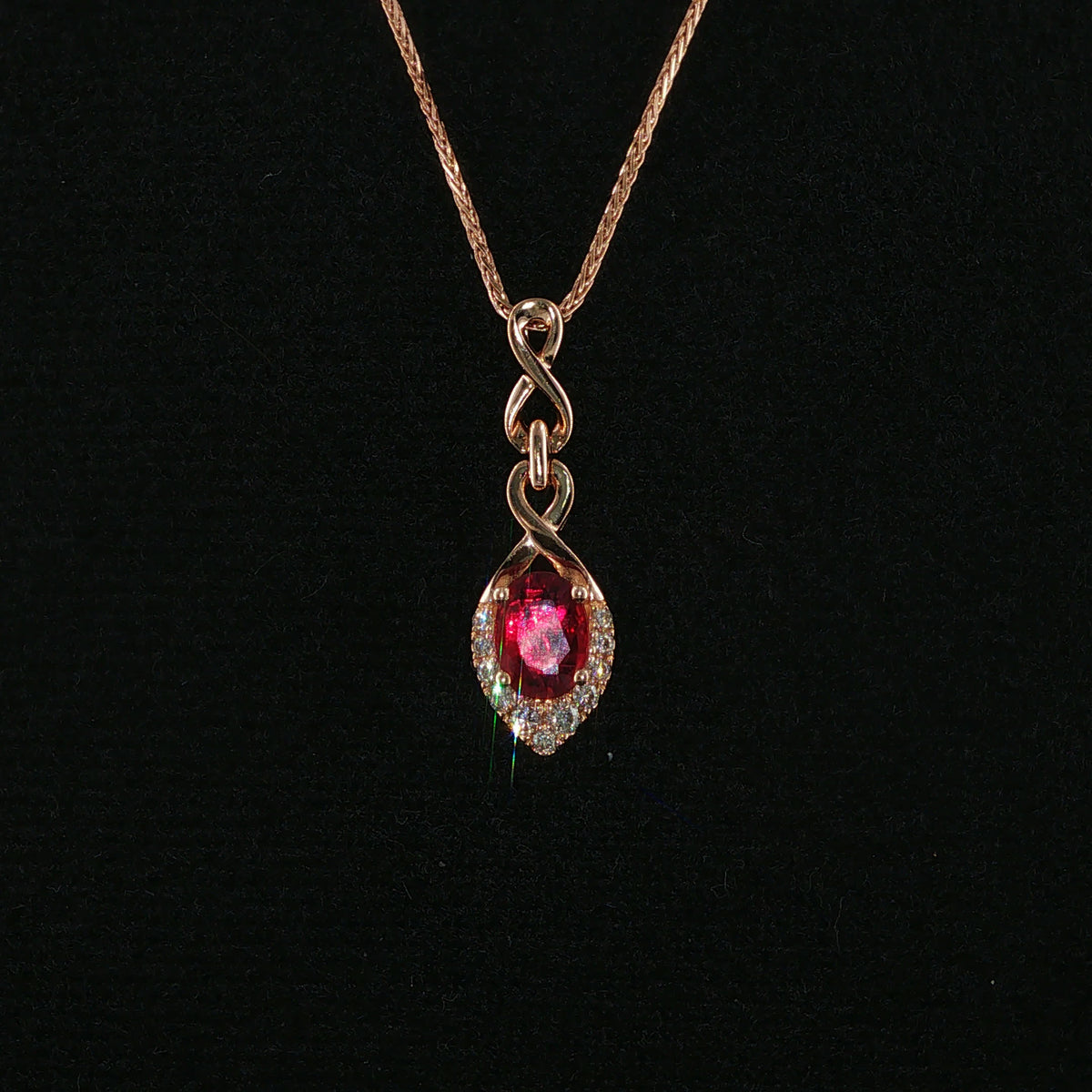 Rose Gold Ruby Halo Pendant Necklace with Infinity Bail