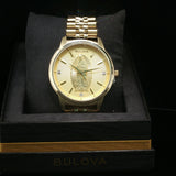 Yellow Gold Bulova Watch with Virgin Mary Sunburst Dial