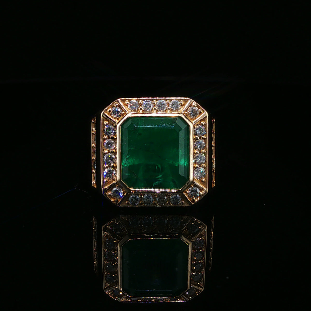 Emerald Cut Emerald Halo Cocktail Ring in Yellow Gold