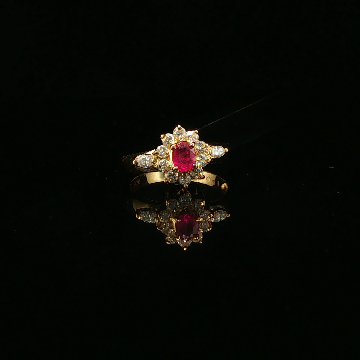 Red Ruby Floral Halo Cocktail Ring in Yellow Gold