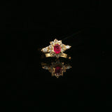 Red Ruby Floral Halo Cocktail Ring in Yellow Gold