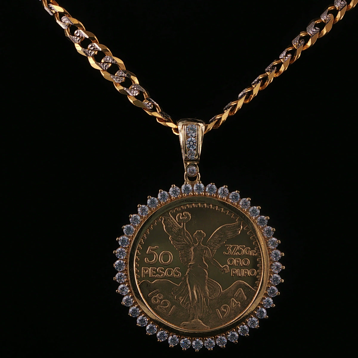 Yellow Gold 50 Pesos Coin Pendant Necklace with Diamond Halo