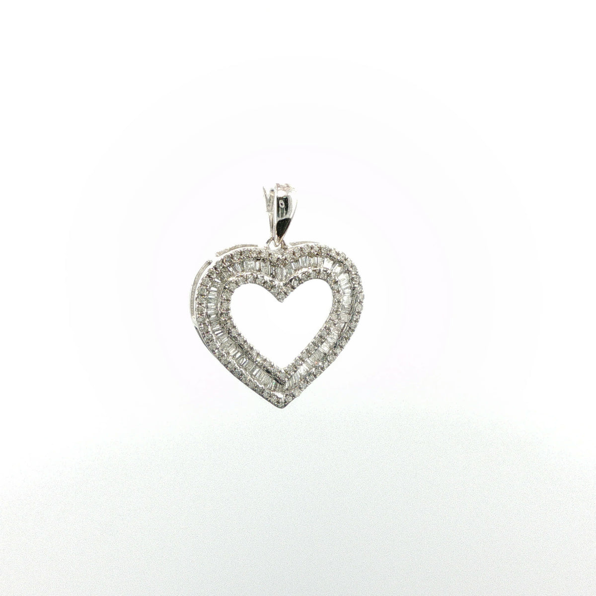 White Gold Diamond Heart Pendant with Baguette and Round Accents