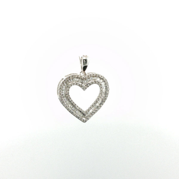 White Gold Diamond Heart Pendant with Baguette and Round Accents