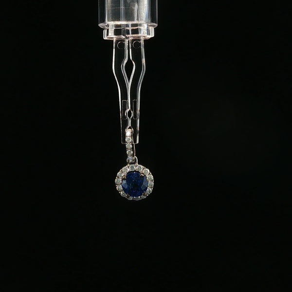 Royal Blue Sapphire Halo Pendant in White Gold