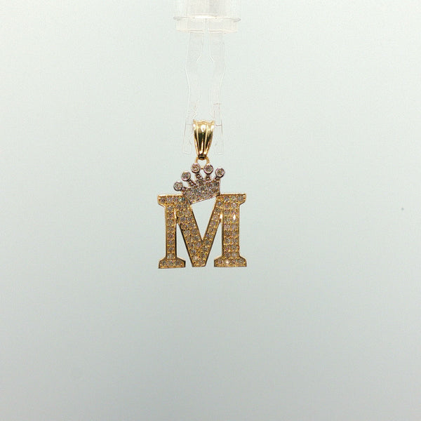 Diamond Crowned Initial M Pendant in Yellow Gold